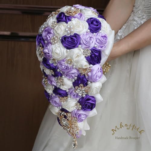 Luxury Cascade Bridal Wedding Bouquet Satin Rose Waterfall Holding Bouquet Artificial Flower Bunch for Bride Bridesmaid(Ivory, Purple & Light Purple, 15" x 7.5") - color: Ivory, Purple & Light Purple, size: 15"L x 7.5"W(38cm x 19cm)
