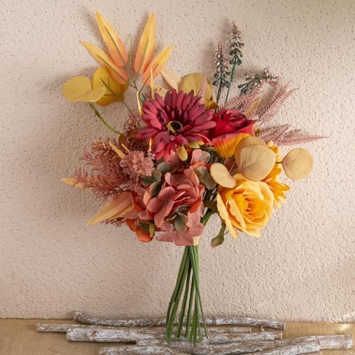 Fake Silk Flowers Bouquet Faux Centerpieces with Roses, Gerberas, Hydrangea etc, Realistic Artificial Floral Arrangements for Home Kitchen Decor - color: Autumn