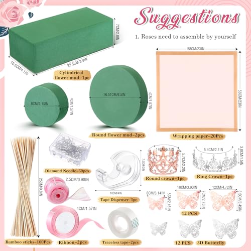 XunYee Bouquet Kit 20 Sheet Flower Wrapping Paper 100 Pcs Bamboo Skewers Floral Foam Blocks for Anniversary Birthday Gift Graduation Mother's Day(Pink) - color: Pink