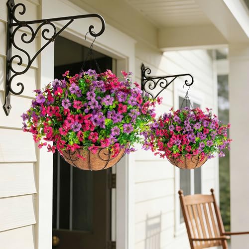 HyeFlora 2 Set Artificial Outdoor Flowers Hanging Basket, Faux Hanging Plants for Outside Spring Decoration, Fake Silk UV Resistant Look Real Daisy for Porch Patio Home Decor - color: Purple&rose Red