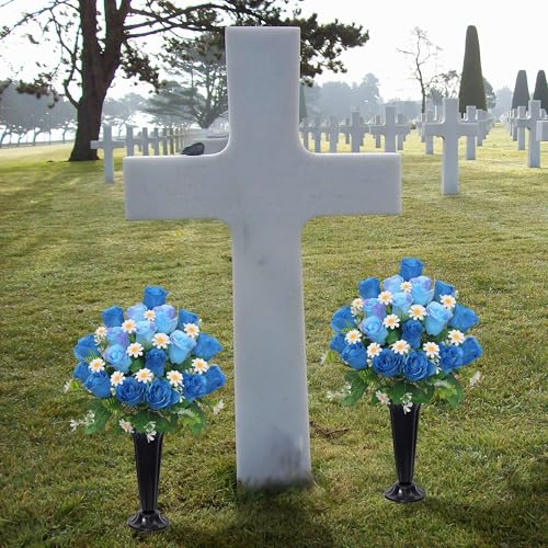Wocst Artificial Cemetery Flowers for Grave Memorial Day Flowers for Cemetery,2Pack Artificial Silk Roses Daisy Bouquets with Cemetery Vases for Outdoor Grave Decorations ﻿ (Blue) - color: Blue