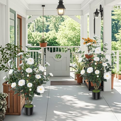 2Pack 39.37"/3.28FT Artificial Camellia Trees with 32 Flowers in Cement Pots – Lifelike Fake Trees for Front Porch, Home, Indoor Outdoor Spring Decor, Office or Housewarming Gifts (White) - color: White, size: 39.37 inchx2