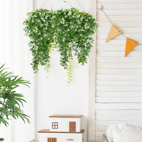 SJL Artificial Hanging Plants Fake Vine Faux Greenery Outdoor UV Resistant Plastic Plants Artificial Plant Outdoors Fake Hanging Vine 3Pcs for Indoor Outdoor Home Garden Wedding Party Decor (White) - color: Hanging White Rose