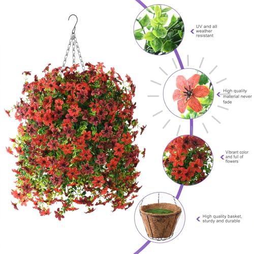 Artificial Hanging Baskets Outdoor, 4 Bundles Artificial Hanging Flowers Outdoors Spring Summer Decoration, No Fade Realistic Fake Hanging Baskets for Porch Patio Balcony Home Yard Decor - color: Red Brown
