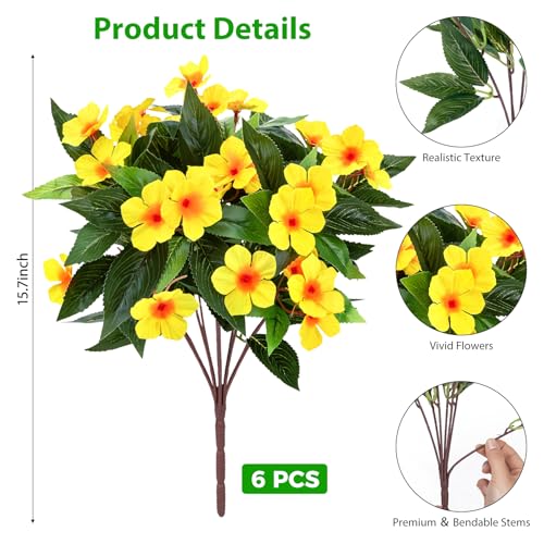 Roberly 6 Bundles Artificial Flowers for Outdoors, Faux Silk Catharanthus Roseus Flowers Bouquet Fake Greenery Plant for Spring Summer Garden Patio Porch Window Box Table Home Decor, Yellow - color: Yellow