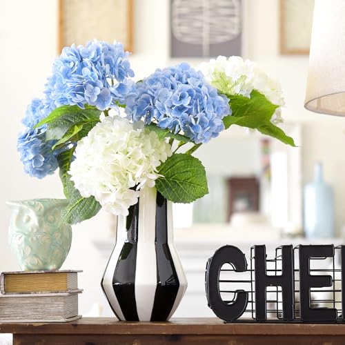 FiveSeasonStuff Real Touch Silk Hydrangea Flowers, 2 Large Long Stem Artificial Flowers for Floral Arrangements (Mixed Summer White & Heavenly Blue) - color: Mixed Summer White + Heavenly Blue