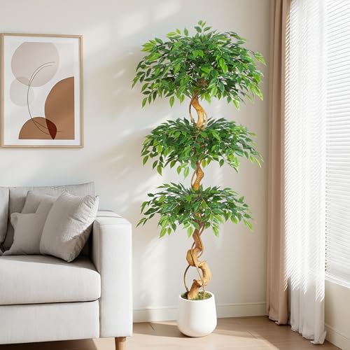 6ft Large Ficus Artificial Trees in White Pot, 72" Tall Fake Silk Tree with Natural Curved Trunk, Lush Faux Ficus Tree for Indoor Home Decor, Living Room, Office & Patio - size: 6ft