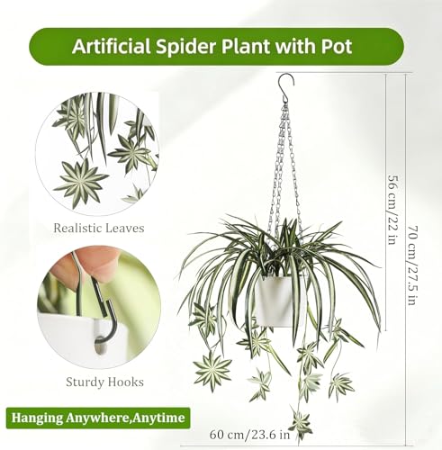 Sousi Artificial Spider Plants Hanging Baskets for Outdoor, Faux Silk Chlorophytum Comosum Summer Plants Fake Spider Plant with Pot for Outdoor Indoor Home Garden Office Decoreations - color: Green With Pot