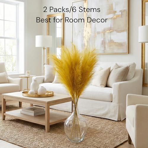 RyddeligHome Gold Pampas Grass Decor Living Room Holiday Decor, Home Accent Decor, Gold Feathers Floral Picks, Faux Pampas Grass Tall Large Fluffy, 3 Stems x 115cm/45in