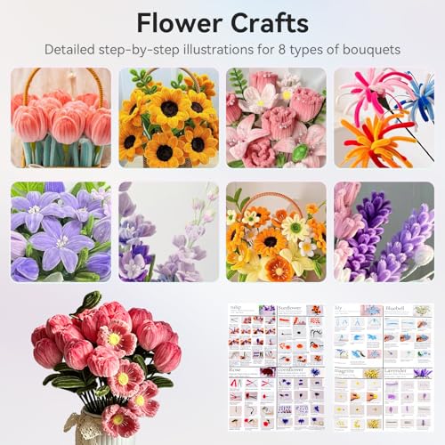 Pipe Cleaners Flower Kit, 600Pcs Chenille Stems, 20 Assorted Colors 30Pcs/Color Soft Bendable Fuzzy Craft Sticks, All-in-One DIY Craft Supplies for Adults, Holiday Decor and Flower Bouquet Making - color: 20 Colors