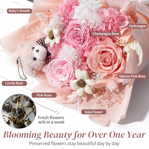 Lewondr Preserved Flowers Bouquet with Bear, 3 Real Forever Flowers for Delivery, Long-Lasting Pink Eteranl Roses Bouquet, Anniversary Birthday Gifts for Girlfriend Best Friend Women Mom Her Wife - color: Dusty Pink