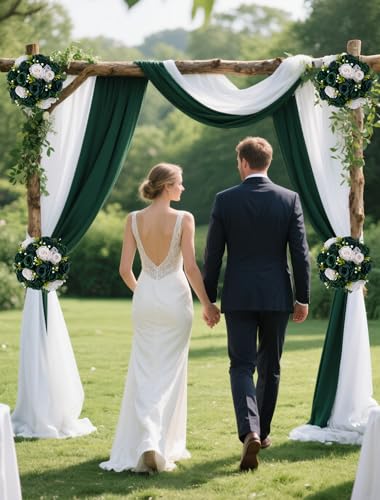 BLOSMON Green Flowers Artificial for Weddings: 10 Pcs Fake Rose Flower Balls for St Patricks Day Table Decorations - Fake Silk Kissing Bouquet Floral Arrangement for Home Party Event Decoration - color: Hunt Green & Forest Green & Ivory