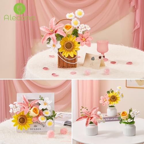 Alecono Crochet Flower Bouquet, Pink Knitted Flowers, Large Handmade Crocheted Flower for Anniversary Party for Her (Include Card) - color: Brown, Pink, Yellow, size: X-Large