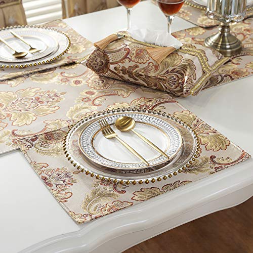 kilofly 6pc Elegant Floral Brocade Jacquard Table Placemats (11.8 x 15.7 in) - color: Khaki, size: 11.8*15.7 inch