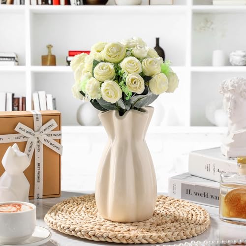 40 Heads Artificial White Rose Bouquets, 5 Bundles Fake Peony Flower Stems, 11.42 Inch Faux Silk Floral Picks for Wedding, Party, Table Centerpieces, Home Decor & Vase Filler