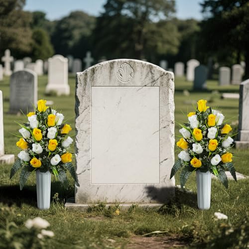 XONOR 2 Sets Artificial Cemetery Flowers, Grave Decorations Roses, Memorial Flowers Bouquet with Vase for Grave Cemetery Decoration (Yellow&White) - color: Yellow&white