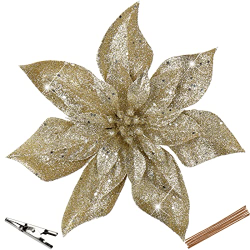 Briful 9'' Christmas Poinsettia Flowers 8PCS Champagne Glitter Artificial Flowers Large Christmas Ornament Flowers for Xmas Tree Wreath Garland Decoration - color: Champagne