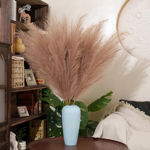Premium Faux Khaki Pampas Grass – 43.3" Tall Fluffy Earth-Toned Decor, 8pcs 18-Branch One-Piece Stems No Assembly, Luxury Silk Feather Flowers for Boho Military Green Decor,Olive Beige 8 Stems110cm - color: Faux Khaki, size: 8pcs 43.3"(110cm)