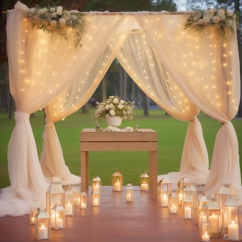 10ft x 10ft Champagne Backdrop Curtain with Lights String for Parties, Sheer Wedding Photo Backdrops Drapes for Baby Shower Birthday Party Decorations Background for Photography - color: Champagne, size: W5' x H10'(2 panels)
