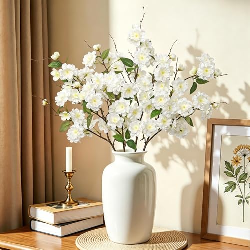KHOYIME Artificial Cherry Blossom Branches 4PCS White Fake Silk Flowers Faux Long Stems Realistic Cherry Peach Floral Plants Spring Decor for Vase Table Centerpiece Indoor Home Office Wedding Party - color: White