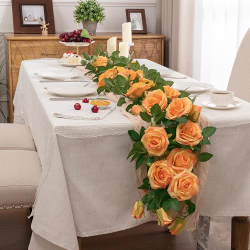 U'Artlines 3 Pack Artificial Orange Rose Vines Floral Garlands Total 19.5 Ft Fake Vine Silk Flower Garland for Indoor Outdoor Home Wedding Arch Garden Wall Decoration - color: Orange, size: Set of 3