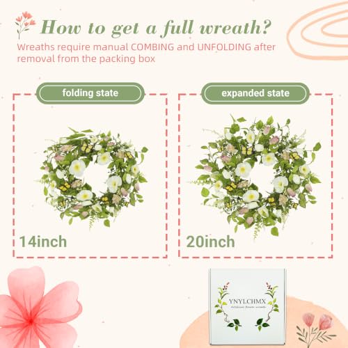 YNYLCHMX 20" Spring Summer Wreaths for Front Door, Artificial Floral Wreath with White Flower Eucalyptus Leaves Butterfly, Green Foliage Wreath for Wall Window Farmhouse Party Holiday Home Decor - color: White Flower