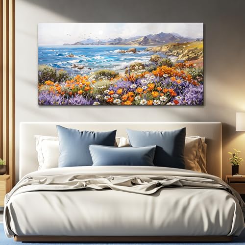 ZUITINGHUA Large Wall Decor For Living Room Canvas Wall Art For Office Modern Wall Decorations For Bedroom Seascape Landscape Painting Coastal Wildflower Pictures Artwork Room Home Decor 24x48 In - color: Coastal Wildflower Seascape, size: 48"L x 24"W