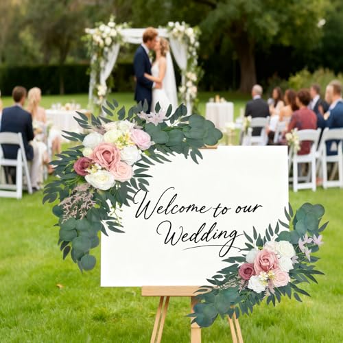 Wedding Arch Flowers 2 Pack, Artificial White Roses and Greenery Swag for Welcome Sign Decorations - color: Pink