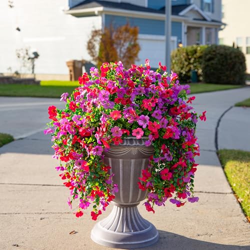 Artificial Faux Hanging Flowers Plants for Outdoor Decor, 2 PCS Outside Fake Silk Violets with Eucalyptus UV Resistant Realistic Daisy Trailing Vines for Planter Balcony Porch Patio Yard, Purplepink - color: Purplehotpink