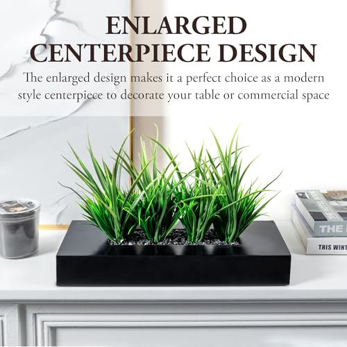 MyGift Large Artificial Green Grass Plants Potted in 14-Inch Matte Black Wood Decorative Planter, Tabletop Faux Greenery in Wooden Rectangular Pot Centerpiece Décor - color: Black, size: 14 Inch