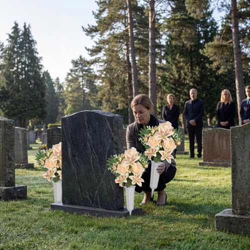 2Sets Artificial Cemetery Flowers with Cemetery Vase Artificial Rose Lily Memorial Graveyard Bouquets for Memorial Day Cemetery Headstones Outdoor Grave Decorations(Champagne) - color: Champange