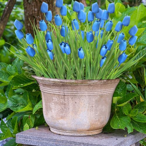 10 Bundles Artificial Tulips Flowers Outdoor,16.5 inch UV Resistant Fake Tulips Real Touch Flowers,Faux Tulips Realistic Flowers for Home Garden Outside Wedding Decor (Blue) - color: Blue