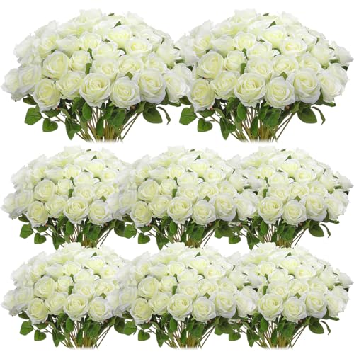 Hotop 80 Pcs Rose Artificial Flowers Bulk with Long Stem, Silk Roses Realistic Fake Flowers Bouquet for Wedding Table Centerpieces Bridal Shower Party Home Decorations(White) - color: White