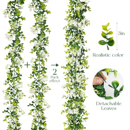 6FT Eucalyptus Garland with Flowers, 2 Pack Artificial Greenery Garland Hanging Summer Eucalyptus Garland Suitable for Table Wedding Backdrop Arch Wall Party UV Protected Indoor Outdoor Decor - size: 2 Pack