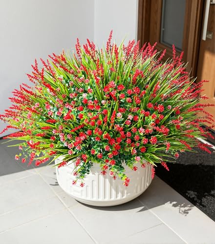 HyeFlora 20 Bundles Artificial Fake Outdoor Plants Flowers for Spring Decoration, UV Resistant Realistic Red Plastic Flowers Faux Plant Monkey Grass for Planter Home Garden Porch Patio Window Box - color: 12pcs Red Monkey Grass+8pcs Red Flowers