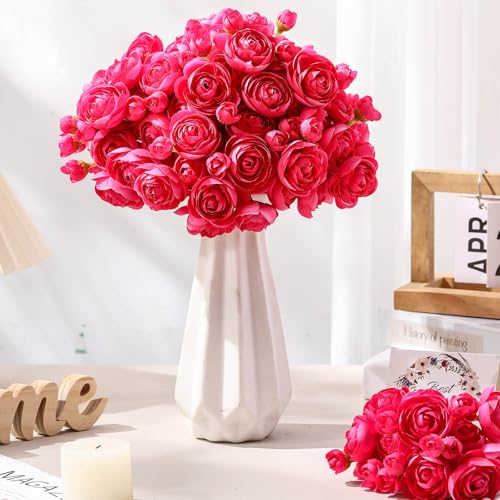 Giegxin 48 Pcs Ranunculus Artificial Flower,Real to Lifelike Peonies Artificial Flower Silk Faux DIY Bouquet for Wedding Bridal Shower Valentine Centerpieces Arrangements Home Decorations(Hot Pink) - color: Hot Pink