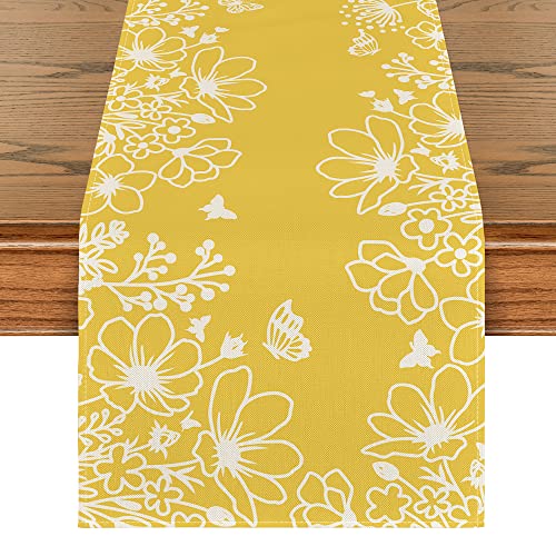 Artoid Mode Yellow Bloom Flowers Butterfly Spring Table Runner, Seasonal Holiday Kitchen Dining Table Decoration for Home Party Indoor 13x72 Inch - color: Yellow, size: 13" x 72", Table Runner