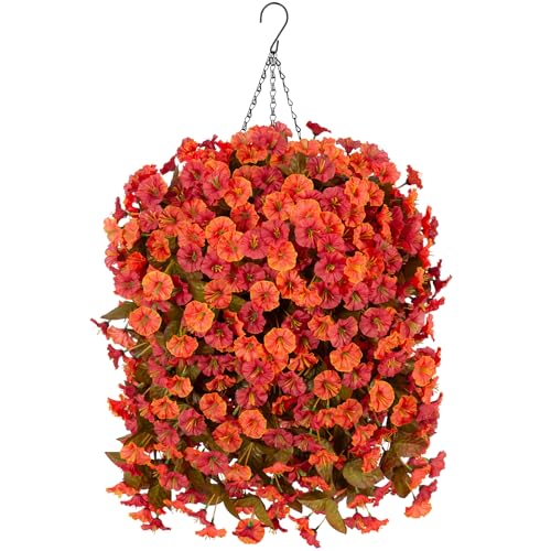 INXUGAO Artificial Flowers Plants with Hanging Basket, Fake Realistic Silk Morning Glory Petunia Long Vines, Faux Flower Arrangement for Outdoor Garden Patio Decor, OrangeRed - color: Orangered