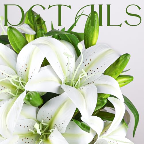 12 Pcs White Artificial Lily Flower, Realistic Long Stem Real Touch Stargazer Lily, Faux Lily Flower Fake Floral with Rods for Home Party Wedding Table Centerpiece Garden DIY Craft Decoration
