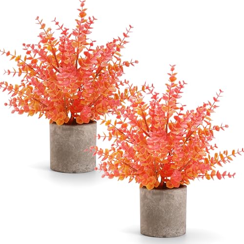 Coferset 2 Pack Fall Small Fake Plants 14" Eucalyptus Potted Artificial Plants Fall Decorations for Home Shelf Office Bathroom Desk Farmhouse Room Coffee Table Decor Fall Decor (Fall Orange-Large) - color: Orange-large