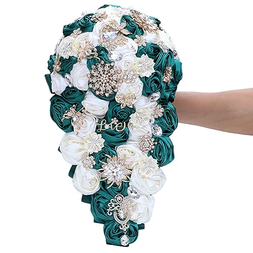 Luxury Cascade Bridal Wedding Bouquet Satin Rose Waterfall Holding Bouquet Artificial Flower Bunch for Bride Bridesmaid(Dark Green & Ivory, 15" x 7.5") - color: Dark Green & Ivory, size: 15"L x 7.5"W(38cm x 19cm)