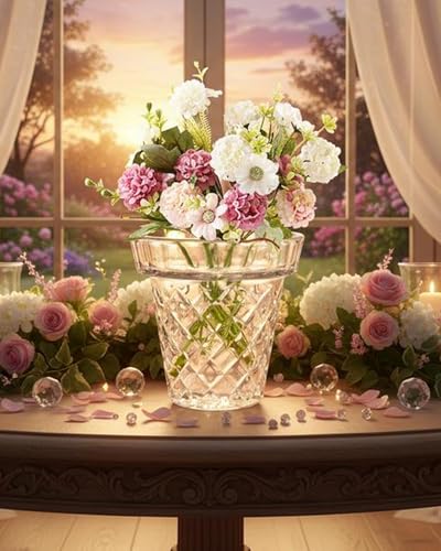 Thickened Glass Vase Embossed Big Base Large 6.1in Wide Mouth Rhombus Clear Vases Esmiome Bowl Bouquet Ribbed with a Hydroponic Baskets Vintage for Aquaponics Orchids Avocado Phalaenopsis Hyacinth