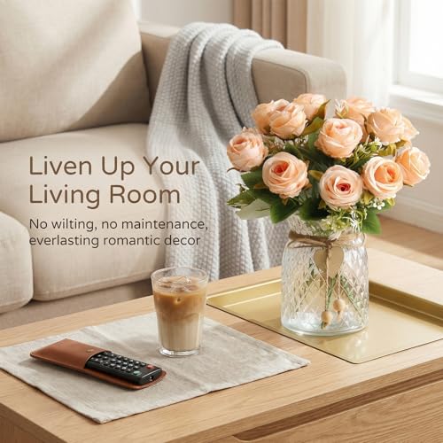 Faux Flowers in Vase, 18Pcs Fake Rose Flowers with Vase, Artificial Flowers Home Decor, Indoor Centerpiece for Living Room & Dining Table, Champagne - color: Champagne Rose