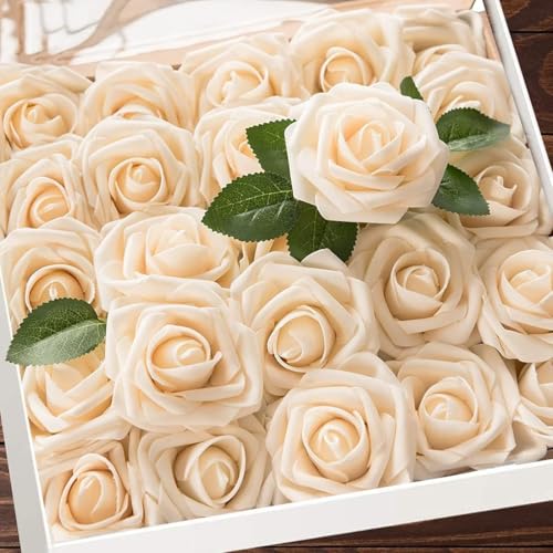 Higfra Artificial Flowers 50 Stems Realistic Roses - Lifelike Fake Flowers for Wedding Bouquets, Baby Shower Decor, Home Centerpieces, DIY Floral Arrangements (Champagne, 50pcs) - color: Champagne, size: 50Pcs