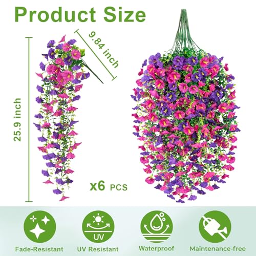 Artificial Flowers for Outdoors, 6-Pack 420 Blooms UV Resistant Hanging Morning Glory Silk Flowers Vines, Realistic Fake Plants Outside Decroation for Porch Patio Balcony Yard Garden (Purple + Lotus) - color: Purple+lotus
