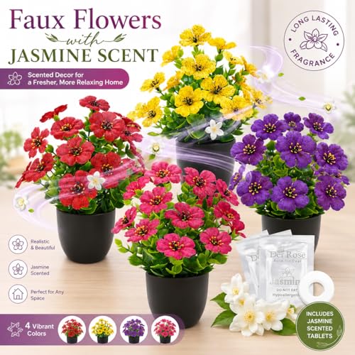 Der Rose 4 Pack Small Fake Plants with Fragrance Discs Spring Faux Flowers in Black Pots Artificial Plants Indoor for Bathroom Room Office Desk Decor - color: Black