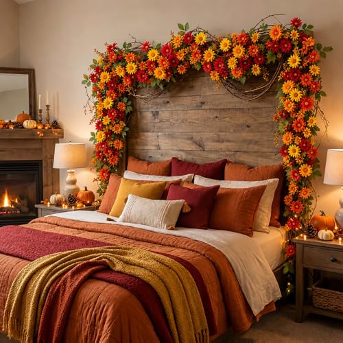 6 ft Fall Artificial Flower Garland for Mantle Autumn Fake Orange Wildflower Floral Sunflower Garland Hanging Vines for Thanksgiving Wedding Arch Table Ceremony Home Party - style: Flower