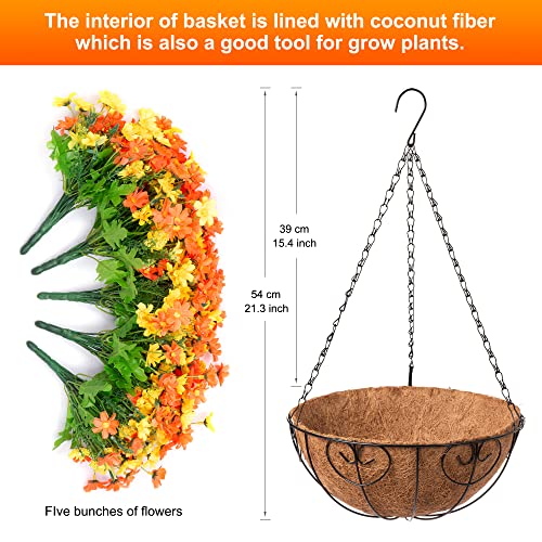 Ammyoo Artificial Hanging Flowers with Basket for Spring Outdoor Decor, Fake Mums Hanging Plant, Faux Daisy Flowers Uv Resistant for Patio Garden Porch Deck Indoor Decoration(Orange) - color: Orange