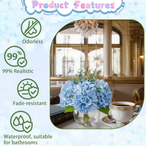 Blue Hydrangea Artificial Flowers with Eucalyptus in Vase Fake Flowers Coffee Table Decor Real Touch Flowers with Faux Water for Home Decor - color: A-blue