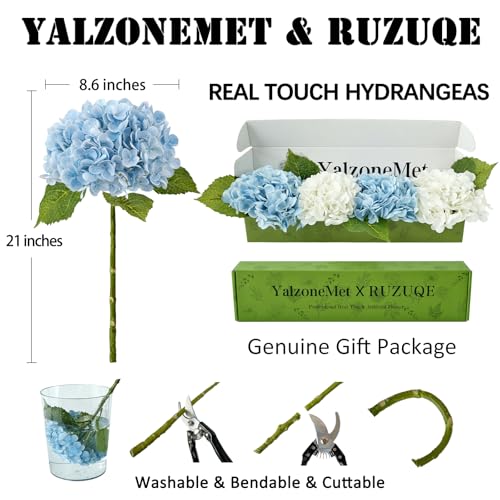 YalzoneMet Hydrangea Artificial Flowers 4 Pcs 2 White 2 Light Blue 21 inch Long Rod Real Touch Lifelike Fake Latex Hydrangea for Home Party Outdoor Wedding Gifts Christmas Decor Table Centerpiece - color: White Light Blue